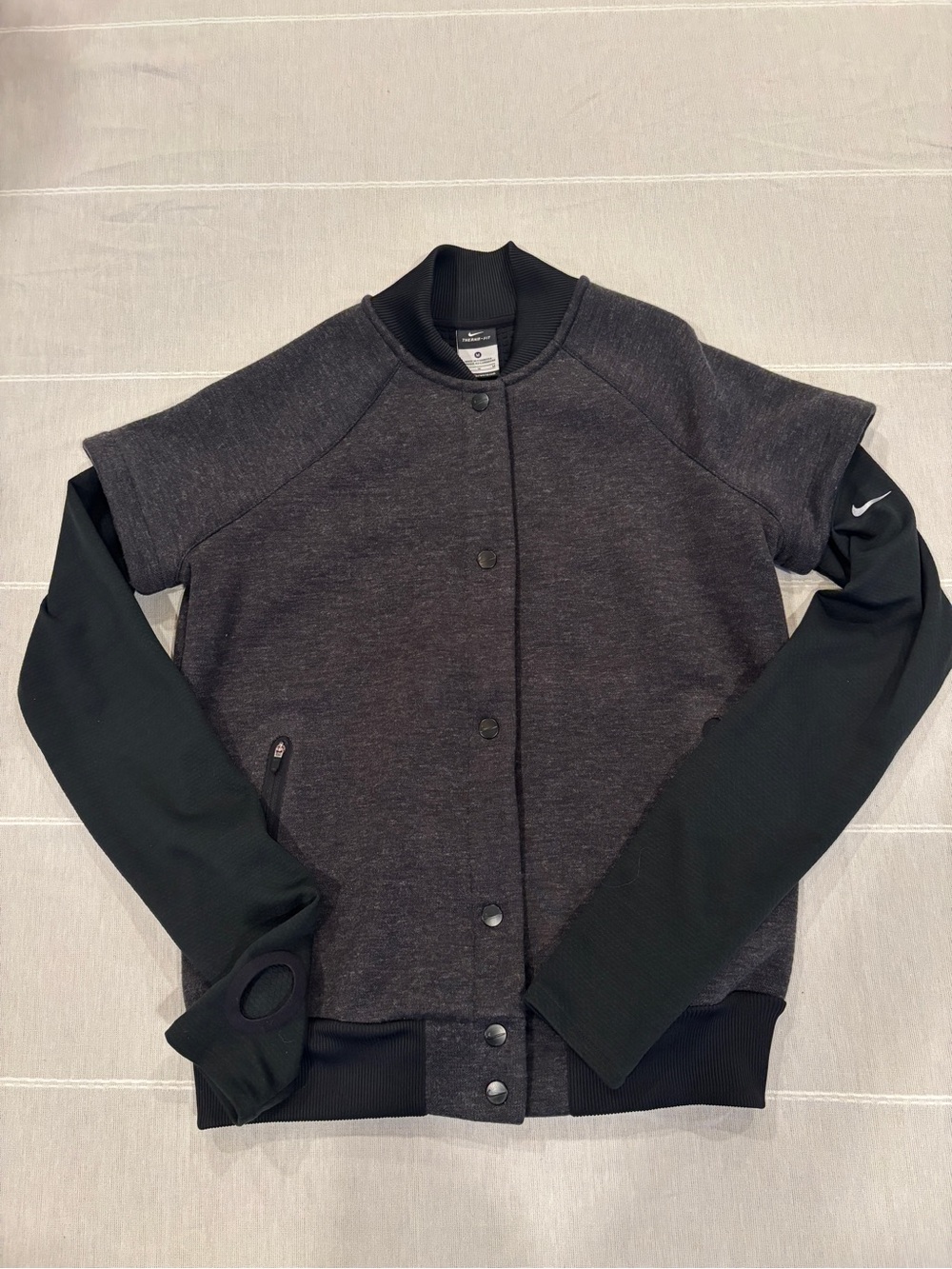 Nike Therma-FIT Snap Front Bomber Jacket Men’s Medium Gray Black Wool Blend